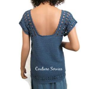 Blue Hand Crocheted Lace Flower Long Summer Top..