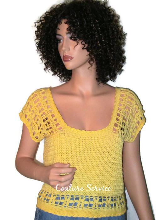 Lemon Yellow Hand Crocheted Lace Flower Short Summer Top