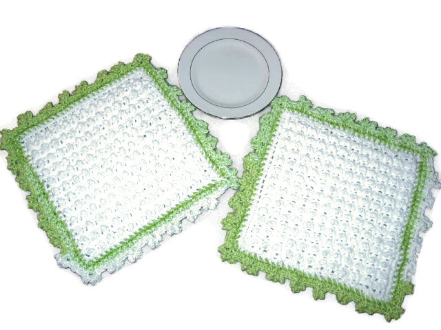 White And Green Hand Crocheted Decorative Cotton Dishcloths Or Washcloths