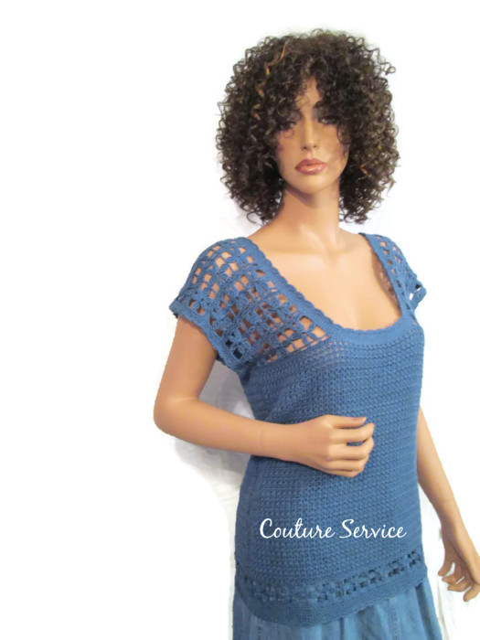 Blue Hand Crocheted Lace Flower Long Summer Top Size 3x
